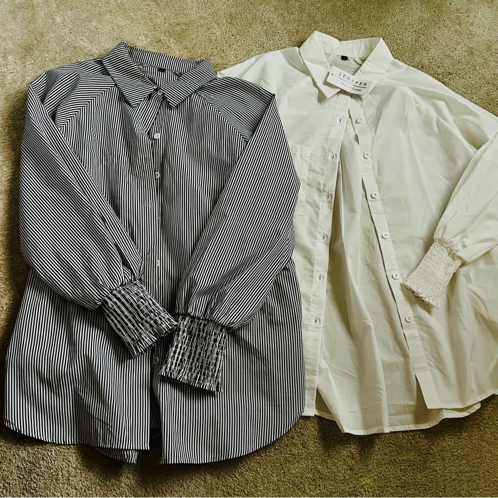 Lot of 2 Women’s Sz L NEW button down boyfriend shirts smocked balloon sleeves